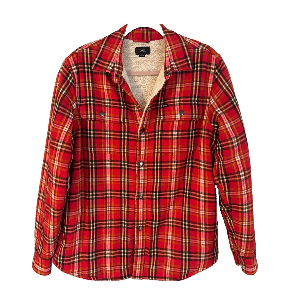 OBEY Men's M Red Plaid Lined Button-Up Shirt Jacket w/ Pockets Point Collar